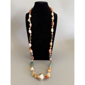 Vintage Beggars Bead Necklace 34" Opera Long Polished Stones Colorful Heavy